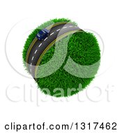 Poster, Art Print Of 3d Lone Blue Car On A Roadway Around A Grassy Planet On White