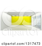 Clipart Of A 3d Empty Room Interior With Floor To Ceiling Windows Ceiling Lights And A Yellow Feature Wall 2 Royalty Free Illustration