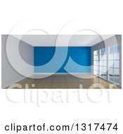 Poster, Art Print Of 3d Empty Room Interior With Floor To Ceiling Windows Wooden Flooring And A Blue Feature Wall