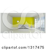 Poster, Art Print Of 3d White Room Interior With Floor To Ceiling Windows A Yellow Feature Wall And Furniture