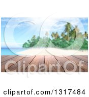 Poster, Art Print Of 3d Wood Table Top Or Deck With A View Of A Tropical Beach And Palm Tree On A Beautiful Day 2