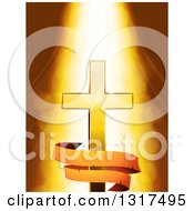 Light Shining Down On A Gold Cross With An Aged Banner Over Flares