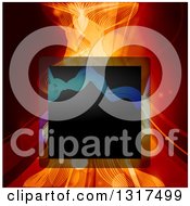 Poster, Art Print Of Black Square Frame Over Mesh Waves And Swooshes In Red Tones With Flares
