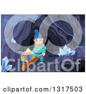 Poster, Art Print Of Mining Gnome Pushing Colorful Crystals On A Wheelbarrow In A Mining Cave