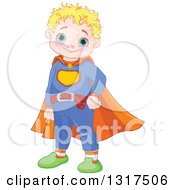 Poster, Art Print Of Happy Blond Haired Blue Eyed Caucasian Chubby Super Hero Boy Wearing A Belt And Cape
