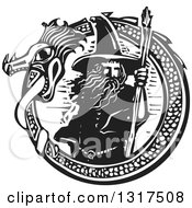 Clipart Of A Black And White Woodcut Wizard Standing With A Staff In A Dragon Circle Royalty Free Vector Illustration