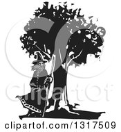 Black And White Woodcut Wizard Standing By A Tree With A Staff In A Breeze