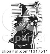 Black And White Woodcut Wizard With A Staff