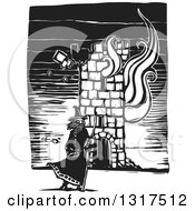 Clipart Of A Black And White Woodcut Wizard Standing With A Staff In Front Of A Burning Tower Royalty Free Vector Illustration by xunantunich #COLLC1317512-0119