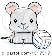Poster, Art Print Of Cartoon Cute Happy Mouse Sitting By A Volleyball