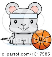 Poster, Art Print Of Cartoon Cute Happy Mouse Sitting By A Basketball