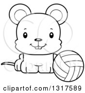 Animal Lineart Clipart Of A Cartoon Black And WhiteCute Happy Mouse Sitting By A Volleyball Royalty Free Outline Vector Illustration