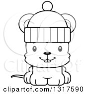 Poster, Art Print Of Cartoon Black And White Cute Happy Mouse Wearing A Winter Hat