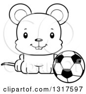 Animal Lineart Clipart Of A Cartoon Black And WhiteCute Happy Mouse Sitting By A Soccer Ball Royalty Free Outline Vector Illustration