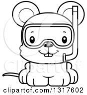 Animal Lineart Clipart Of A Cartoon Black And WhiteCute Happy Mouse Wearing Snorkel Gear Royalty Free Outline Vector Illustration