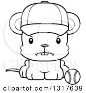 Animal Lineart Clipart Of A Cartoon Black And WhiteCute Mad Mouse Sitting By A Baseball Royalty Free Outline Vector Illustration