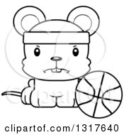 Animal Lineart Clipart Of A Cartoon Black And WhiteCute Mad Mouse Sitting By A Basketball Royalty Free Outline Vector Illustration