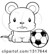Animal Lineart Clipart Of A Cartoon Black And WhiteCute Mad Mouse Sitting By A Soccer Ball Royalty Free Outline Vector Illustration