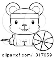 Animal Lineart Clipart Of A Cartoon Black And WhiteCute Happy Mouse Sitting By A Basketball Royalty Free Outline Vector Illustration