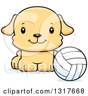 Poster, Art Print Of Cartoon Cute Happy Puppy Dog Sitting By A Volleyball