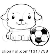 Poster, Art Print Of Cartoon Black And White Cute Happy Puppy Dog Sitting By A Soccer Ball