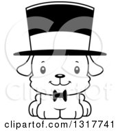 Animal Lineart Clipart Of A Cartoon Black And WhiteCute Happy Puppy Dog Gentleman Wearing A Top Hat Royalty Free Outline Vector Illustration