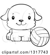 Animal Lineart Clipart Of A Cartoon Black And WhiteCute Happy Puppy Dog Sitting By A Volleyball Royalty Free Outline Vector Illustration