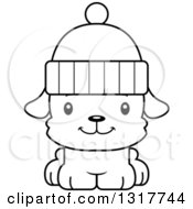 Poster, Art Print Of Cartoon Black And White Cute Happy Puppy Dog Wearing A Winter Hat