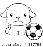 Poster, Art Print Of Cartoon Black And White Cute Mad Puppy Dog Sitting By A Soccer Ball
