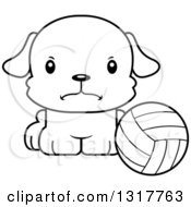 Poster, Art Print Of Cartoon Black And White Cute Mad Puppy Dog Sitting By A Volleyball