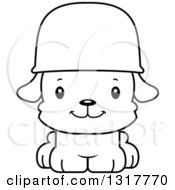 Animal Lineart Clipart Of A Cartoon Black And WhiteCute Happy Puppy Dog Army Soldier Royalty Free Outline Vector Illustration