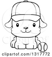 Animal Lineart Clipart Of A Cartoon Black And WhiteCute Happy Puppy Dog Sitting By A Baseball Royalty Free Outline Vector Illustration