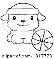 Animal Lineart Clipart Of A Cartoon Black And WhiteCute Happy Puppy Dog Sitting By A Basketball Royalty Free Outline Vector Illustration