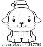 Cartoon Black And White Cute Happy Christmas Puppy Dog Wearing A Santa Hat