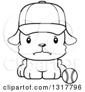 Poster, Art Print Of Cartoon Black And White Cute Mad Puppy Dog Sitting By A Baseball