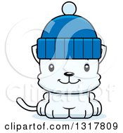 Poster, Art Print Of Cartoon Cute Happy White Kitten Cat Wearing A Winter Hat