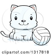 Poster, Art Print Of Cartoon Cute Happy White Kitten Cat Sitting By A Volleyball