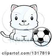 Poster, Art Print Of Cartoon Cute Happy White Kitten Cat Sitting By A Soccer Ball