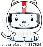 Poster, Art Print Of Cartoon Cute Happy White Kitten Cat Race Car Driver