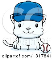 Poster, Art Print Of Cartoon Cute Happy White Kitten Cat Sitting By A Baseball