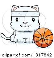 Poster, Art Print Of Cartoon Cute Happy White Kitten Cat Sitting By A Basketball