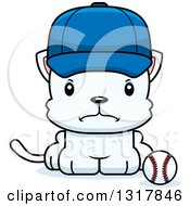 Animal Clipart Of A Cartoon Cute Mad White Kitten Cat Sitting By A Baseball Royalty Free Vector Illustration