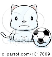Poster, Art Print Of Cartoon Cute Mad White Kitten Cat Sitting By A Soccer Ball