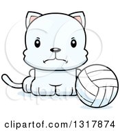 Poster, Art Print Of Cartoon Cute Mad White Kitten Cat Sitting By A Volleyball