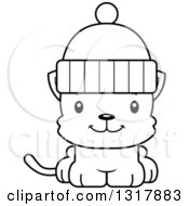 Poster, Art Print Of Cartoon Black And White Cute Happy Kitten Cat Wearing A Winter Hat