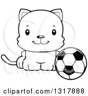 Animal Lineart Clipart Of A Cartoon Black And White Cute Happy Kitten Cat Sitting By A Soccer Ball Royalty Free Outline Vector Illustration