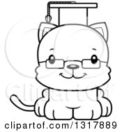 Animal Lineart Clipart Of A Cartoon Black And White Cute Happy Kitten Cat Professor Royalty Free Outline Vector Illustration