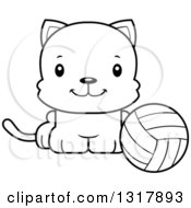 Animal Lineart Clipart Of A Cartoon Black And White Cute Happy Kitten Cat Sitting By A Volleyball Royalty Free Outline Vector Illustration