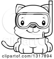 Animal Lineart Clipart Of A Cartoon Black And White Cute Happy Kitten Cat Wearing Snorkel Gear Royalty Free Outline Vector Illustration