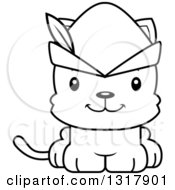 Animal Lineart Clipart Of A Cartoon Black And White Cute Happy Robin Hood Kitten Cat Royalty Free Outline Vector Illustration